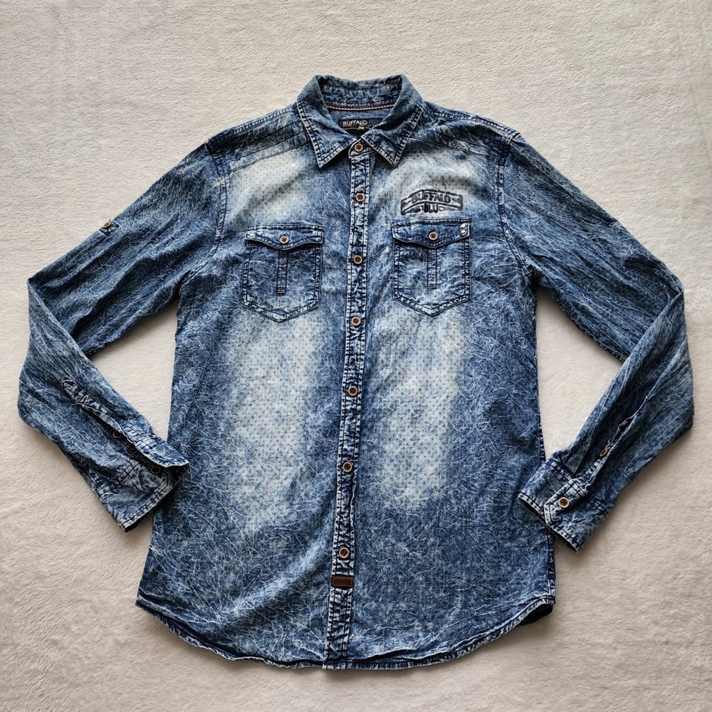 Buffalo Blu Denim Shirt Mens Small Blue Acid Wash Long Sleeve Cotton Y2K Rugged